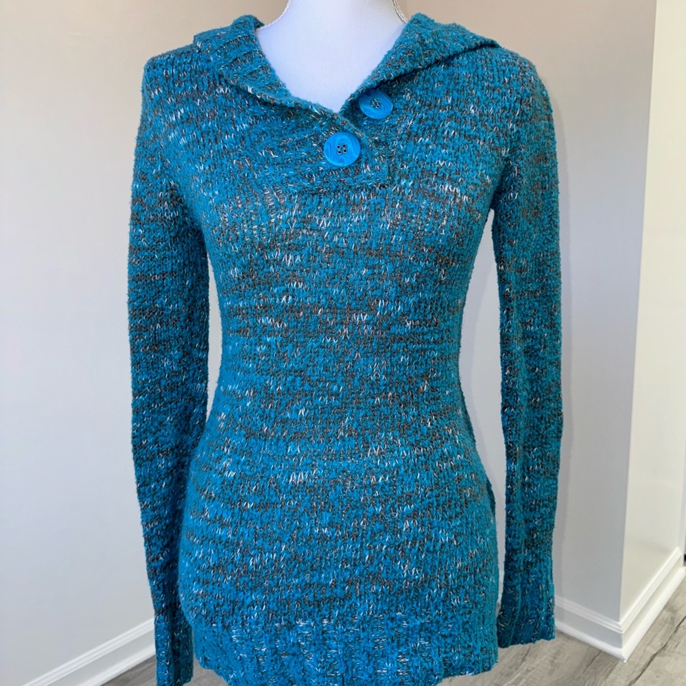 Y2K Turquoise Knitted Sweater Hood Chunky Button Rue 21 Small Wool Blend